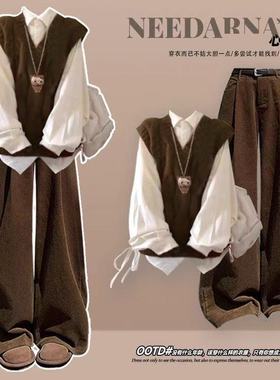 韩系独特巨好看学院风马甲衬衫深秋初冬季穿搭一整套减龄休闲套装