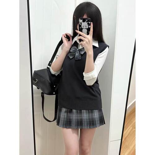 jk原创制服背心格裙套装春秋季