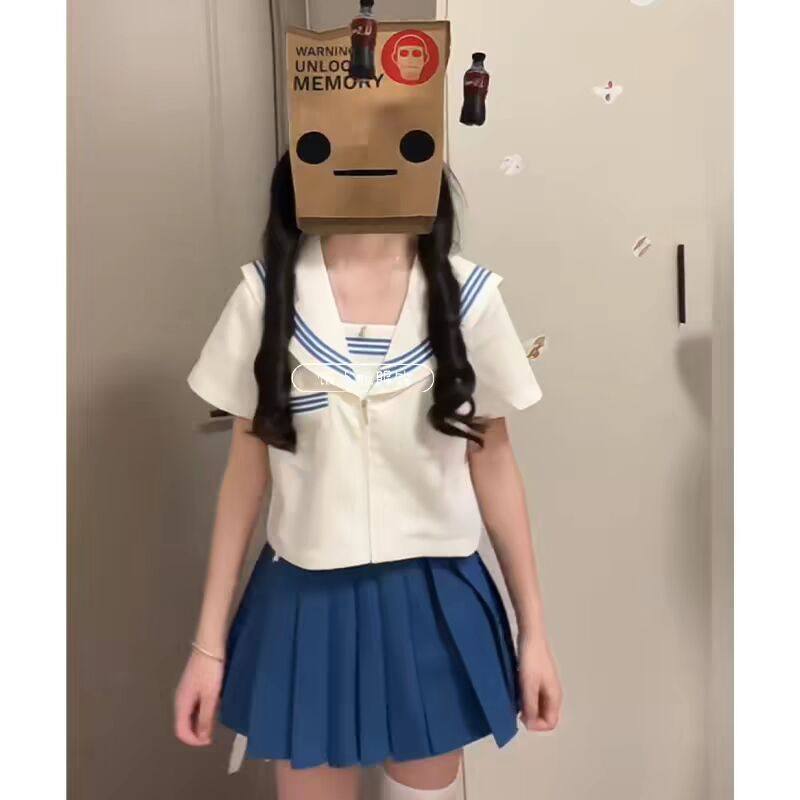 原创正版jk制服日系基础款白领蓝三本水手服学院风百褶裙软妹套装