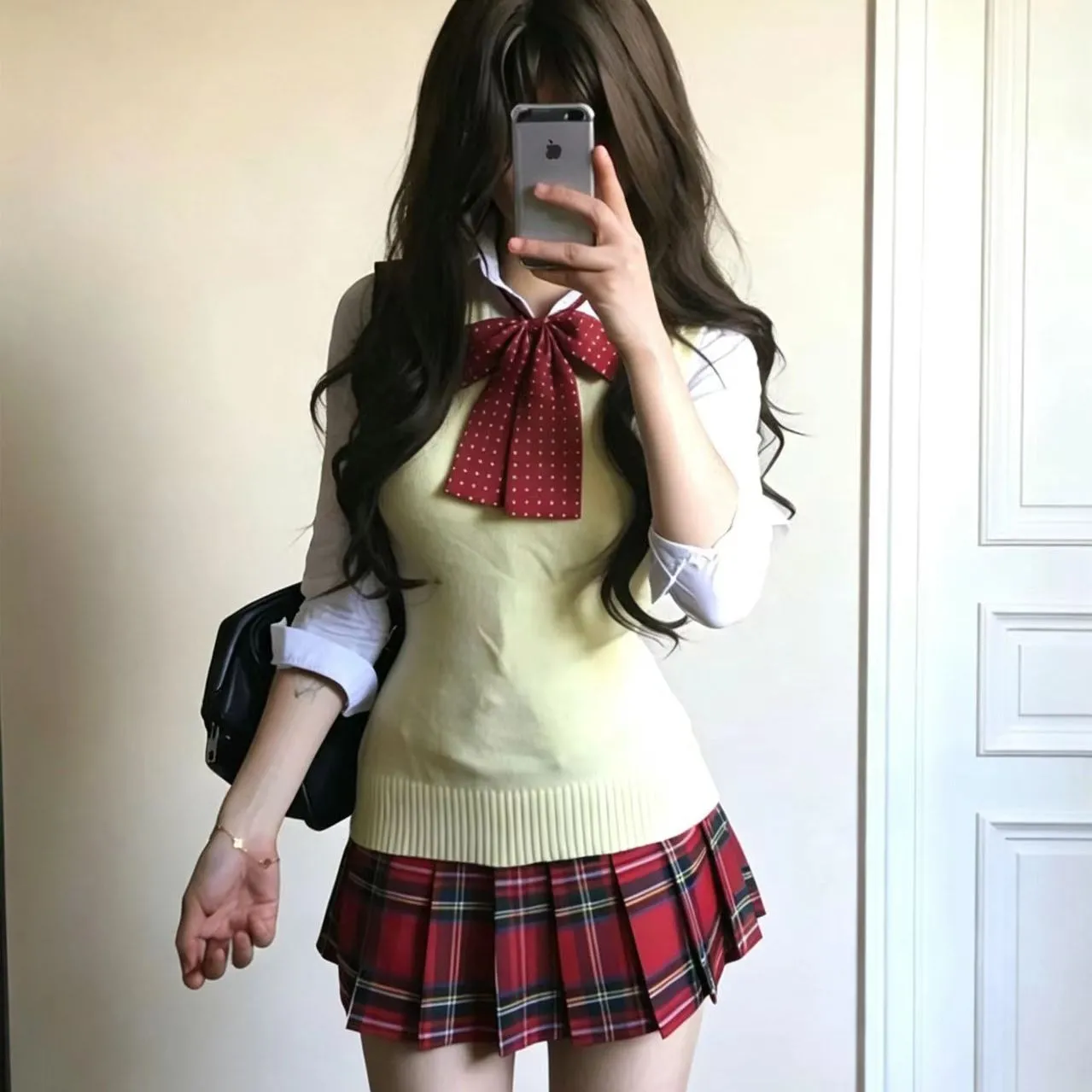 日系JK制服学院风穿搭黄色针织背心马甲叠穿长袖衬衫上衣套装女
