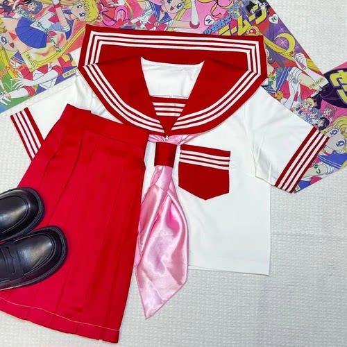 夏季学院风红三本JK水手服套装