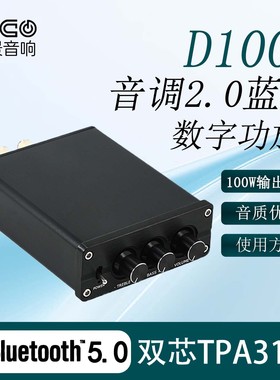 D100B 双芯TPA3116 2.0大功率高保真D类 数字高低音调蓝牙5.0功放