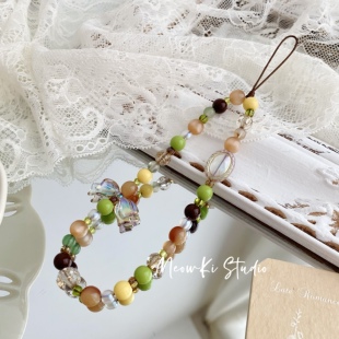 原创绿棕配色串珠手机挂绳ccd相机链耳机挂链装 饰 路 通往圣堂
