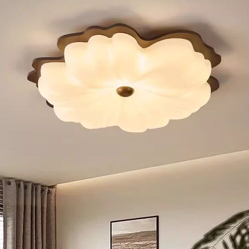 中古风复古卧室吸顶灯高端美式胡桃色简约超亮护眼房间主卧花瓣灯