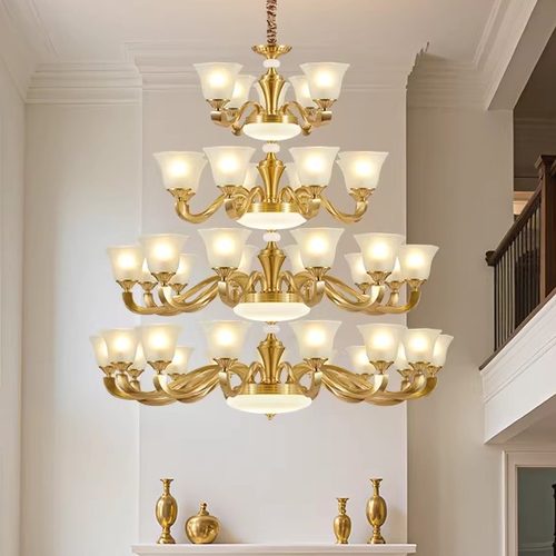 复式楼大吊灯美式全铜复古别墅客厅楼中楼中空三层楼梯奢华大气