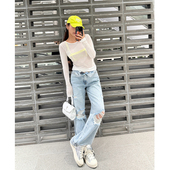 长裤 丸丸Maruco 显瘦水洗做旧时尚 直筒裤 破洞牛仔裤