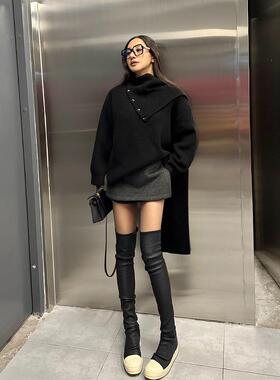 丸丸Maruco 小众设计可拆卸围巾！大V领黑色性感氛围感毛衣