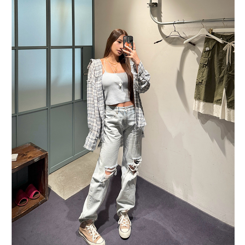 丸丸Maruco 牛仔裤好版型！做旧水洗长裤直筒裤休闲破洞磨破