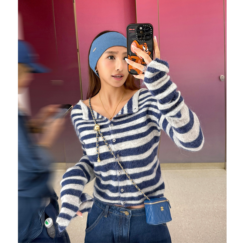 丸丸Maruco15号PM20:00 绵羊毛马海毛毛衣 毛茸茸针织条纹开衫