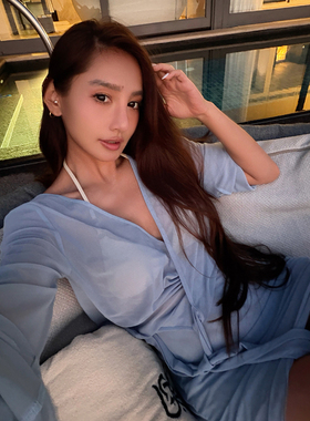 丸丸maruco 连衣裙蓝色网纱露背度假休闲性感长袖绑带短裙