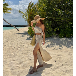 长裙 荷叶边抹胸两件套性感开衩裙套装 丸丸maruco 度假风