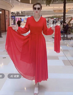 春季新款广场交际舞气质收腰长裙过膝大摆连衣裙女带丝巾沙滩裙子