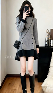 春装女款2026年新款灰色针织连衣裙韩系千金感穿搭高级感内搭裙子