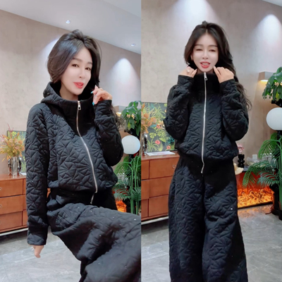 2025冬季新款网红爆款时尚套装女装洋气杏色连帽卫衣休闲裤两件套