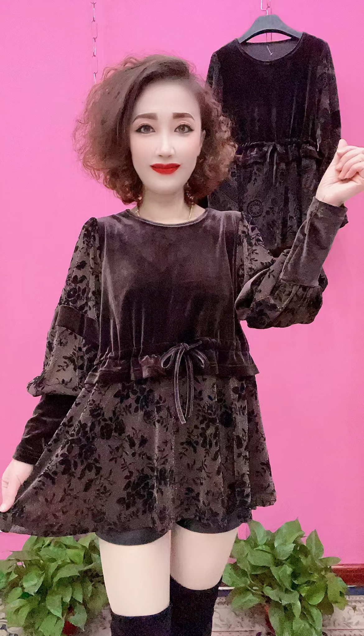 秋季新款妈妈装丝绒蕾丝拼接长袖小衫R收腰圆领遮肉显瘦复古上衣