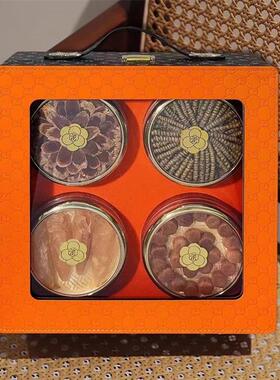 比翼双飞手提橙色皮盒四拼四宝礼盒空盒五拼滋补品鹿茸红参片摆盒