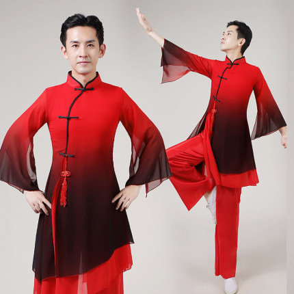 古典舞演出服飘逸中国风汉唐舞蹈服水墨色男款红色古风舞蹈表演服