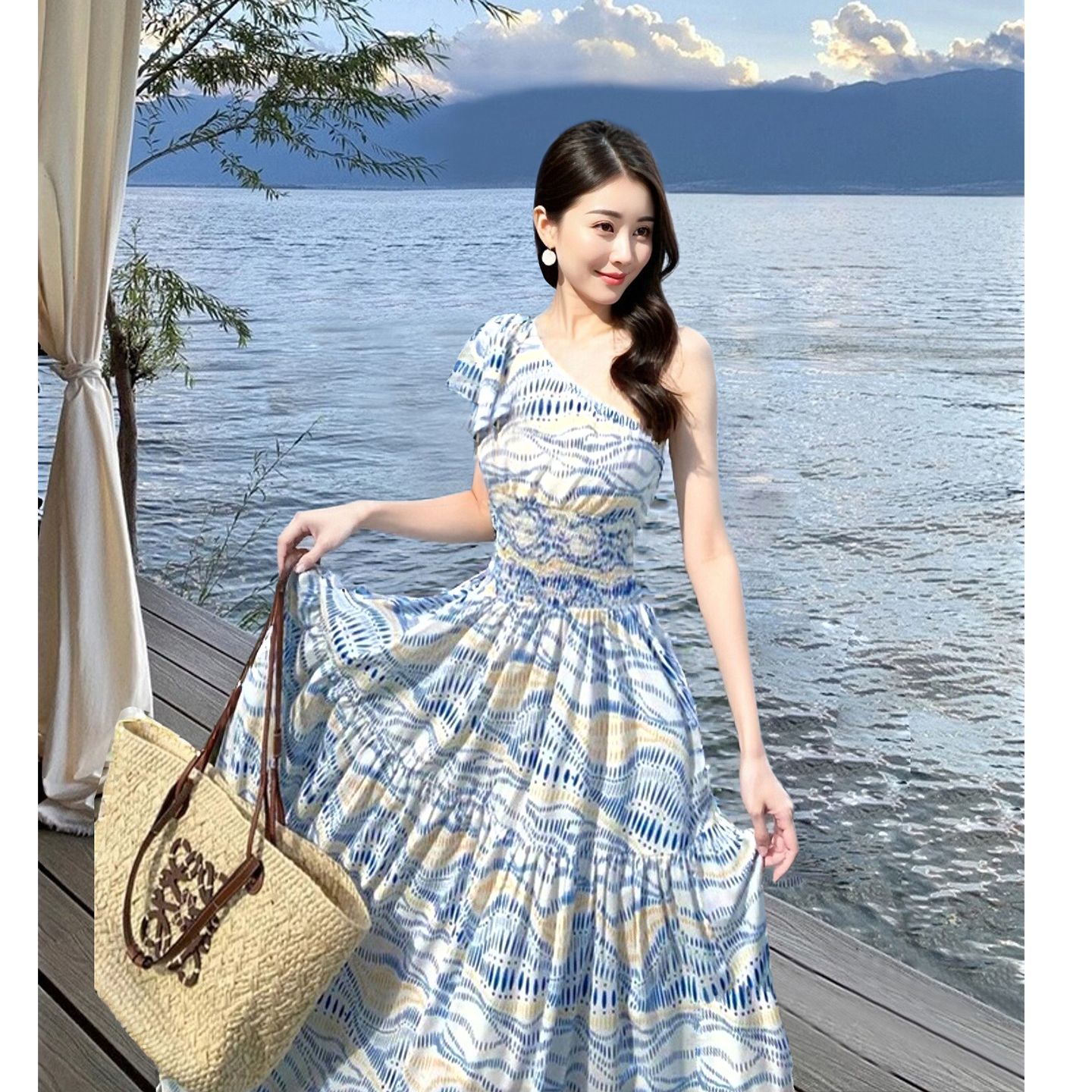 度假风连衣裙女夏2026年新款斜肩设计感裙子气质露肩海边沙滩长裙