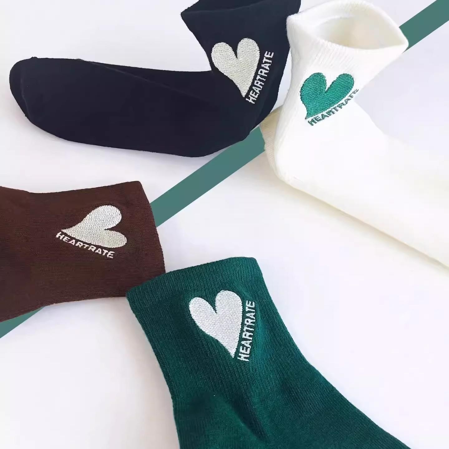 袜子女情侣ins潮中筒袜网红绿色系刺绣爱心日系学院风运动短袜男