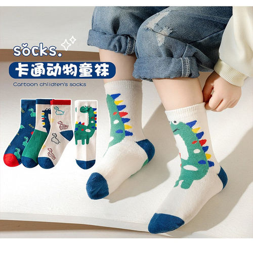 Lemonsox柠檬舒品袜子男童春秋款中筒袜子卡通绿色恐龙女童棉袜子