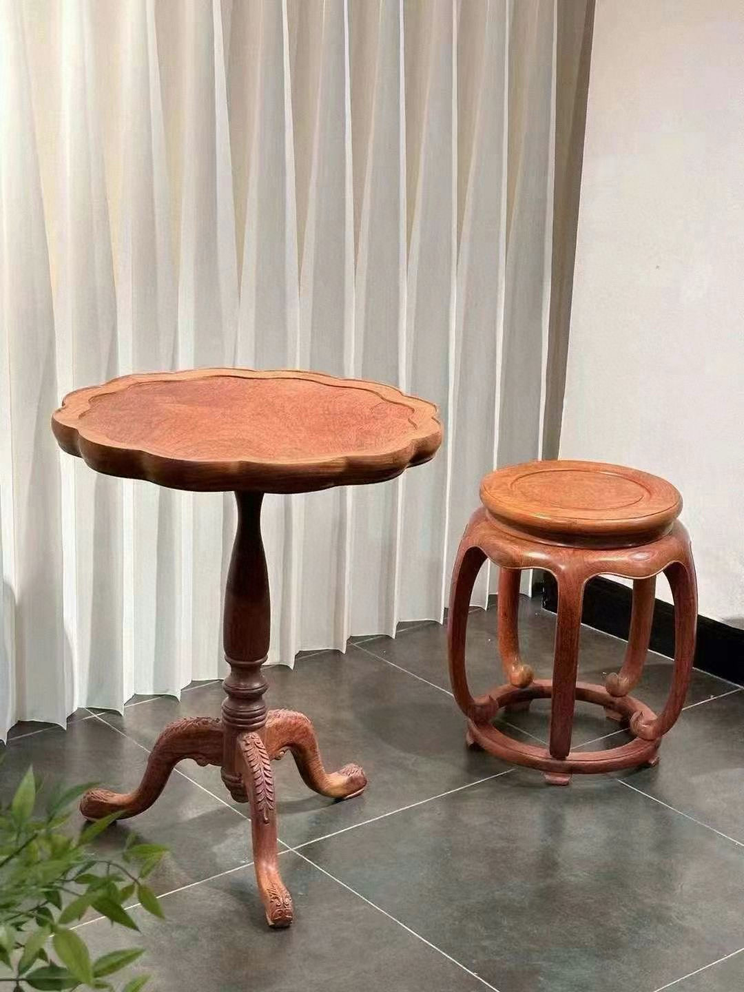 万字锦地纹复古海派小圆桌小茶几缅甸花梨木圆桌大果紫檀红木家具