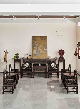 赞比亚紫檀灵芝中堂6 12 16件套自建房别墅大厅堂屋组合沙发家具