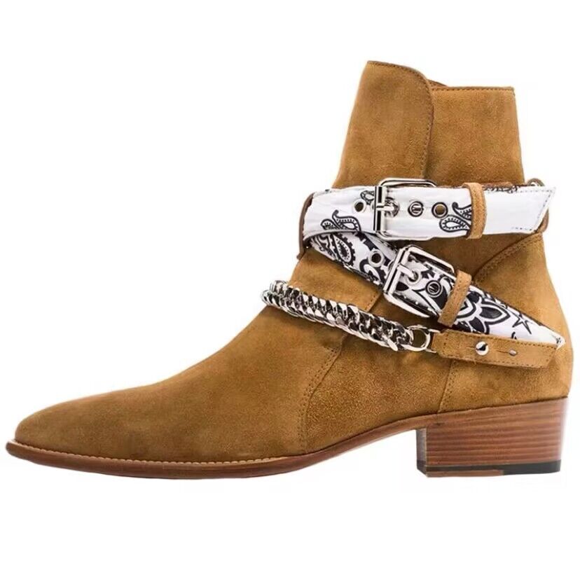 thumbnail for Chelsea boots men's 2025 autumn and winter European and American fashion personality nubuck buckles pointed toe waist flower chain Martin boots trend