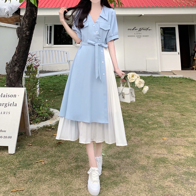 法式假两件雪纺连衣裙女夏装大码胖妹妹不规则气质赫本风a字长裙