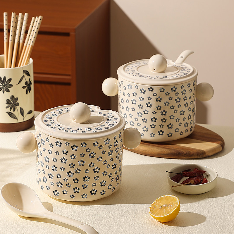 双耳猪油罐高颜值家用陶瓷调料罐油泼辣子储物罐带盖勺大容量罐子,厨房/烹饪用具,调味瓶罐/调料研磨器,淘宝优惠券,粉丝福利购,淘宝优惠卷