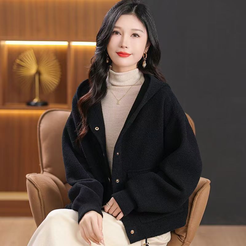 韩版宽松黑色连帽毛呢外套女短款宽松开衫女装大衣小个子毛呢外套