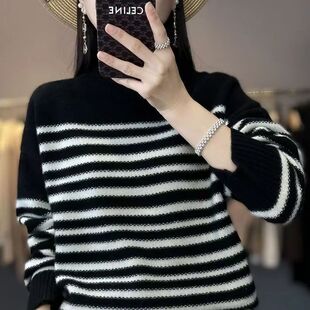 韩版撞色黑白条纹半高领百搭宽松羊毛衫女秋冬加厚打底毛衣