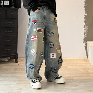 四季 超重磅 高街男士徽章刺绣宽松直筒牛仔裤子长裤休闲贴布