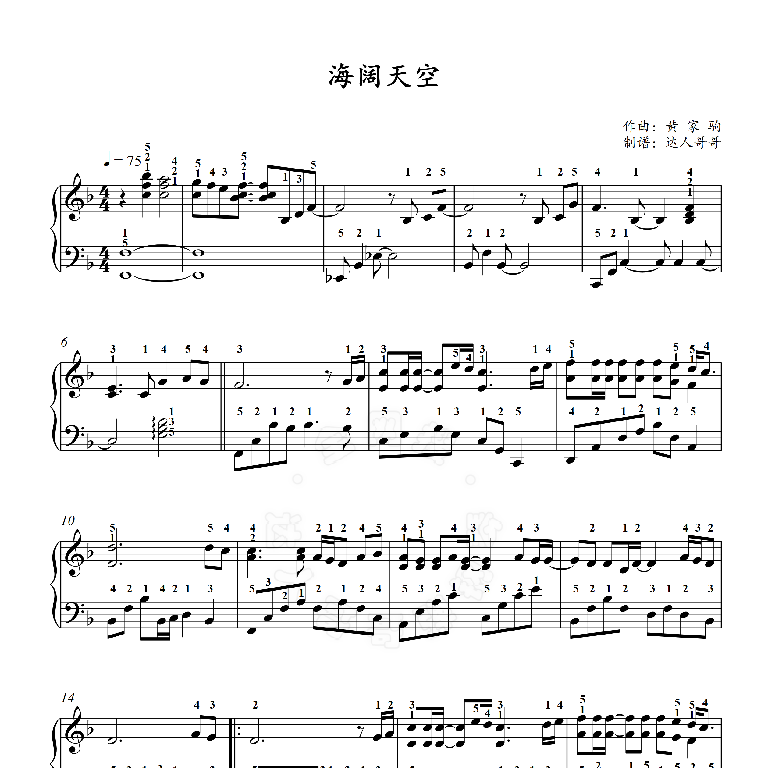 海阔天空钢琴谱 带指法 可以调 黄家驹 beyond 弹唱伴奏 独奏