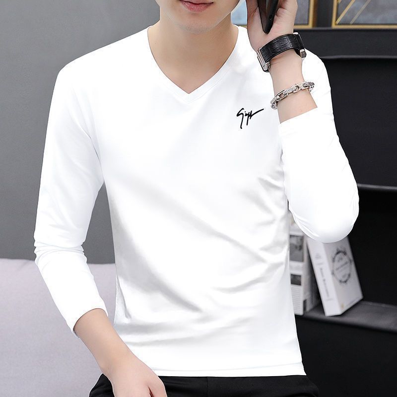 男士长袖T恤冬季2025春秋百搭V领白色休闲内搭秋衣打底体恤衫