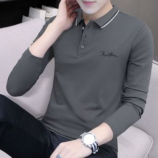 男士 t恤纯棉修身 翻领Polo衫 长袖 秋装 上衣潮流帅气带领体恤打底衫