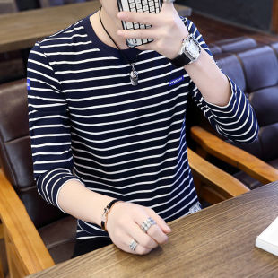 【95%棉】男士条纹长袖T恤纯棉秋季韩版打底衫修身T恤潮流衣服男