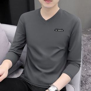 t恤男装 小衫 v领潮流内搭打底衫 纯色秋季 秋衣服 修身 高品质纯棉长袖