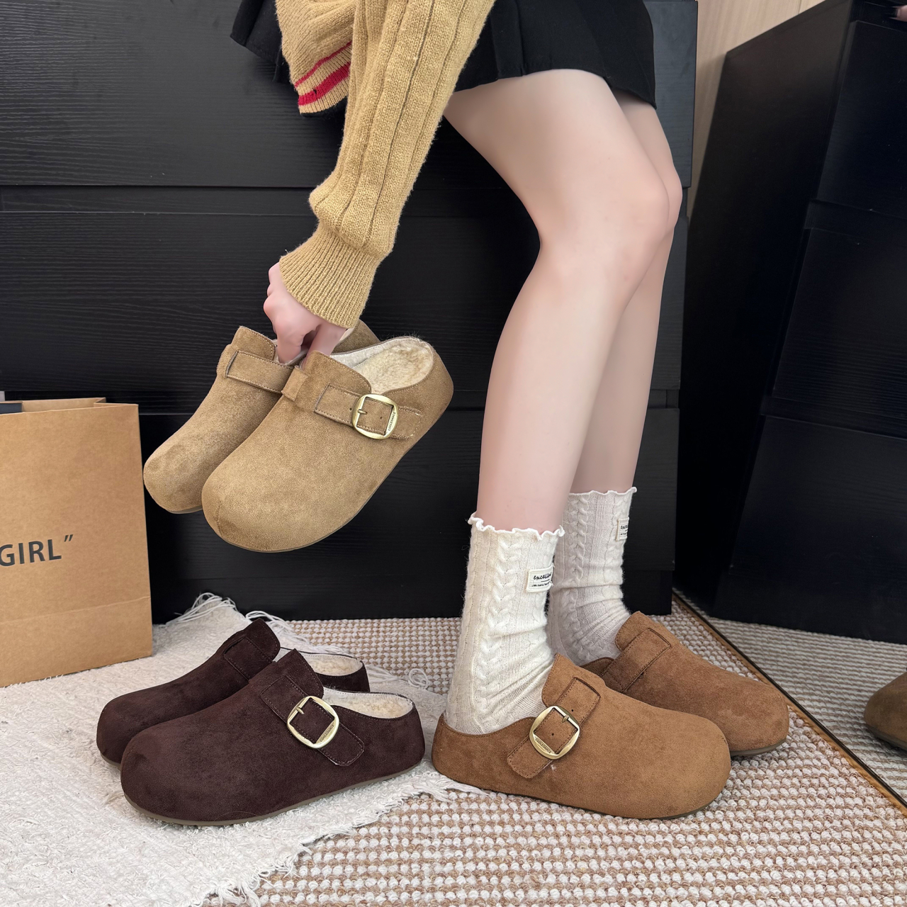 厚底内增高全包勃肯鞋女2025秋冬季新款加绒一脚蹬两穿复古豆豆鞋