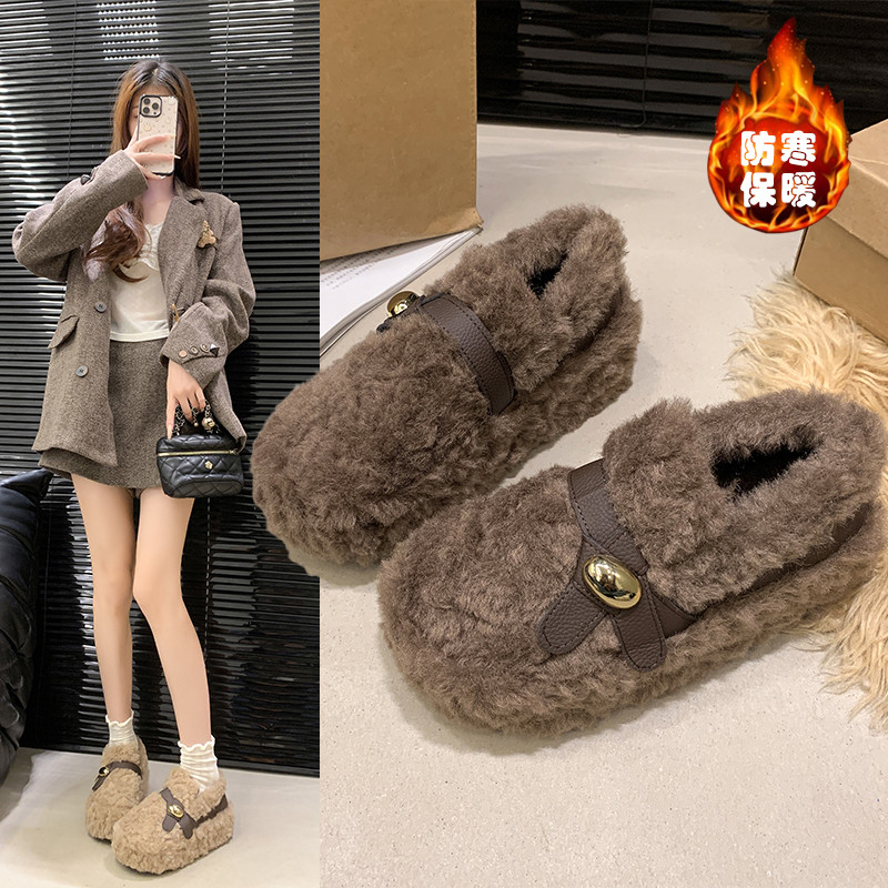 新款软底防滑毛毛鞋复古港风小金豆秋冬潮流风棉鞋纯色百搭秋冬