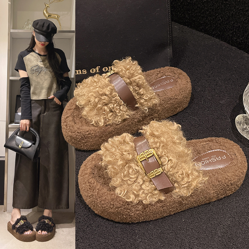 2025年秋冬季新款厚底松糕底皮带扣法式圆头防滑一字拖保暖毛毛鞋