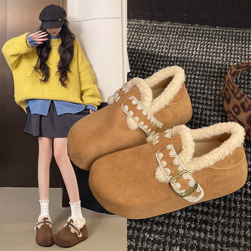 厚底内增高加绒勃肯鞋全包毛毛鞋女2025新款冬季一脚蹬雪地靴棉鞋