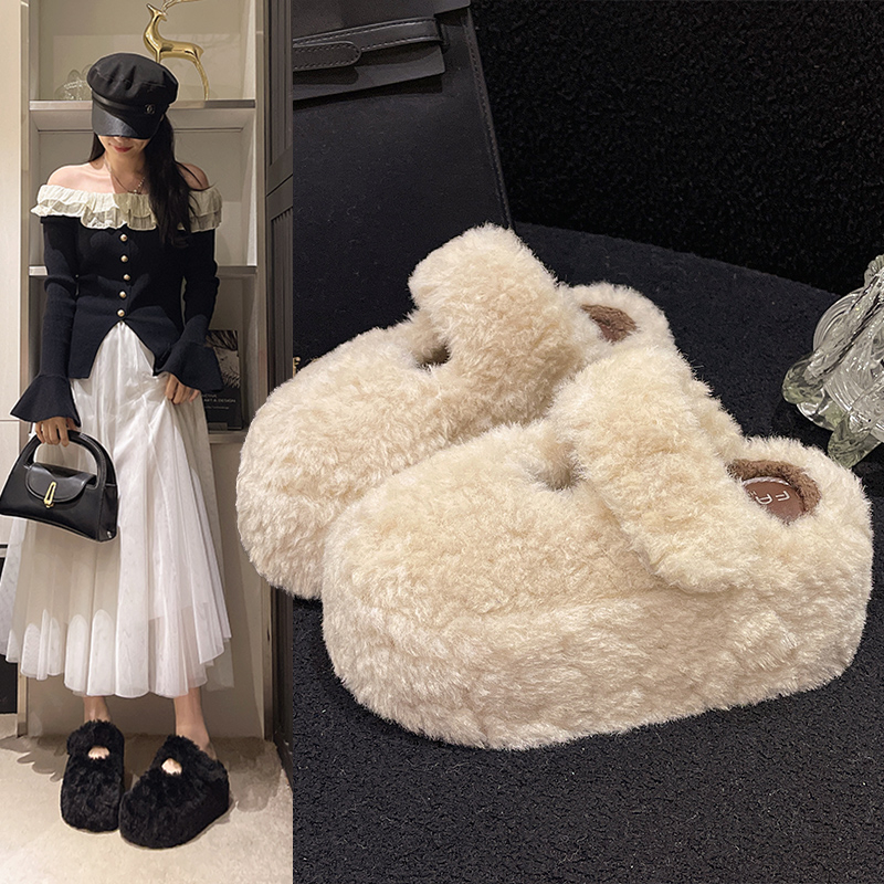 小个子厚底增高7cm毛毛拖鞋女外穿2025秋冬新款加绒包头棉拖34码