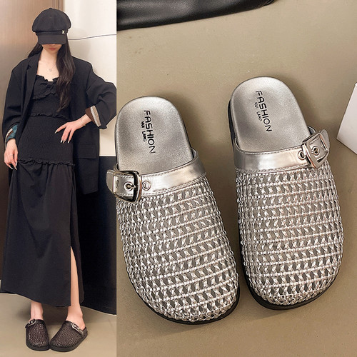 编织网面镂空包头半拖鞋女夏外穿2026新款厚底一脚蹬懒人勃肯凉拖
