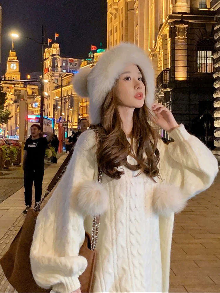 慵懒奶fufu白色麻花毛衣女早春长款宽松软糯秋冬外穿加厚针织上衣