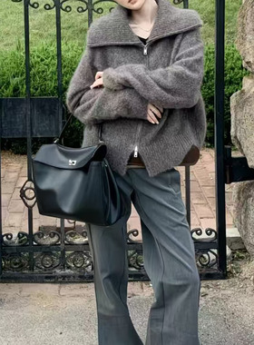 2026新款灰色双拉链马海毛翻领毛衣外套女秋冬宽松慵懒风高领针织
