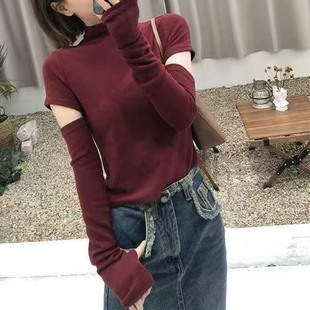 酒红色内搭半高领打底衫女别致设计感带袖套修身显瘦短款套头针织
