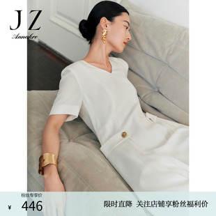 連衣裙女夏季 玖姿安娜蔻醋酸短袖 收腰顯瘦小個(gè)子壓褶黑色裙