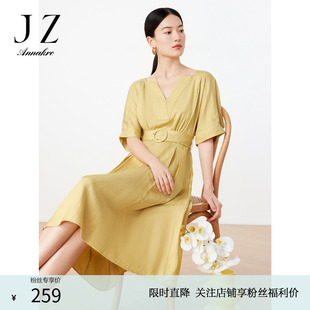 壓褶收腰純色連衣裙女裝 玖姿奧萊安娜蔻奧萊洋氣通勤OL風(fēng)時(shí)尚 夏