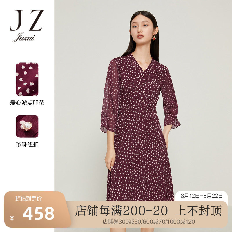 JZ玖姿温莎蒂酒红雪纺连衣裙女装2022秋季新款优雅爱心印花裙子薄属于什么档次？