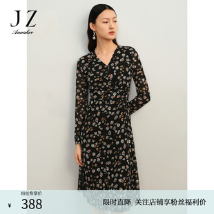 碎花雪紡連衣裙女春秋款 玖姿安娜蔻奧萊雅致休閑V領(lǐng)修身